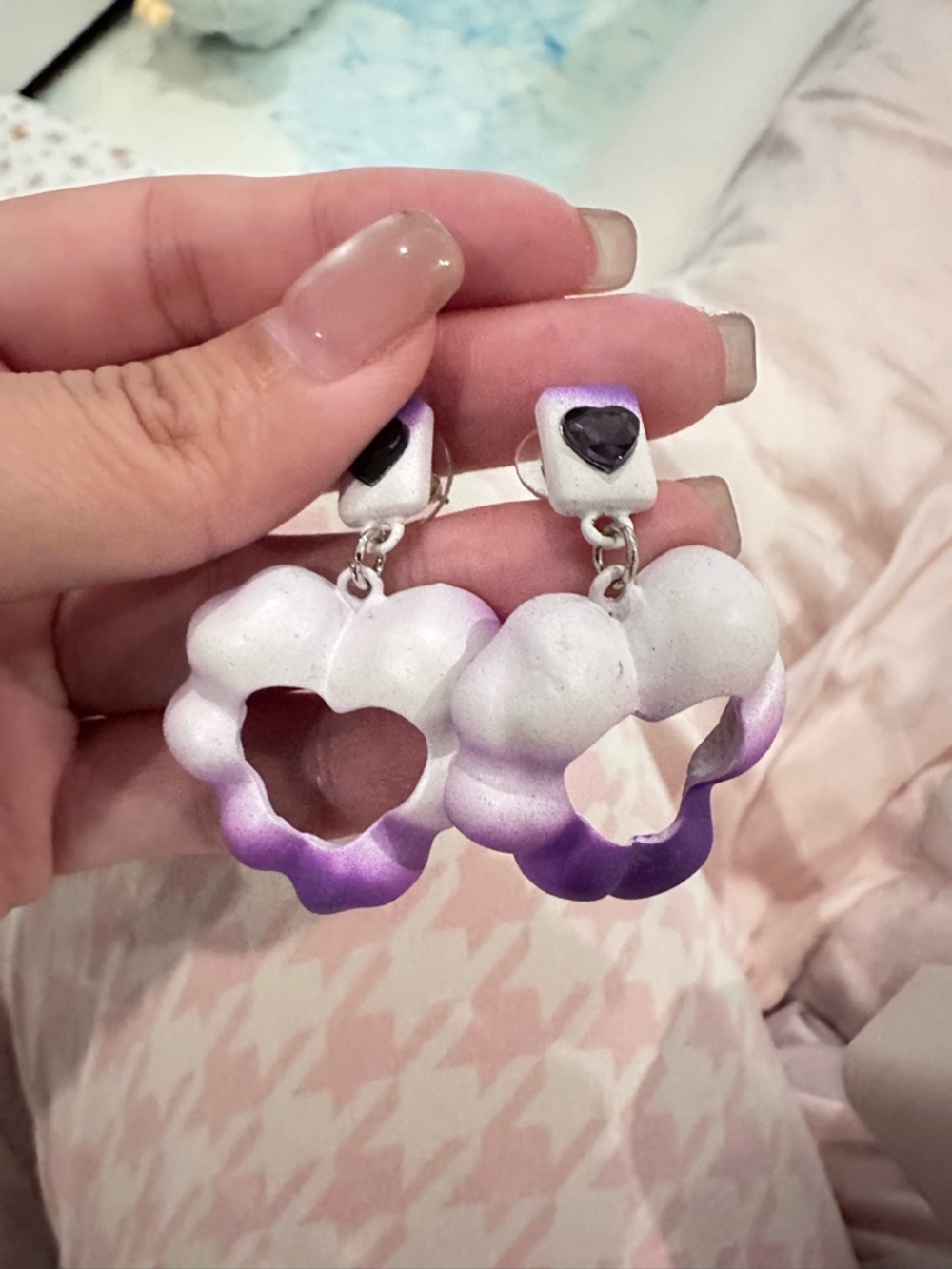 White and Purple Heart Drop Flower Earrings - Brand